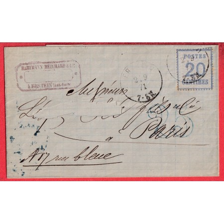 ALSACE LORRAINE N°6 ERSTEIN BAS RHIN TAXE TAMPON 25C EN BLEU PARIE TRANGER BLEU AU DOS