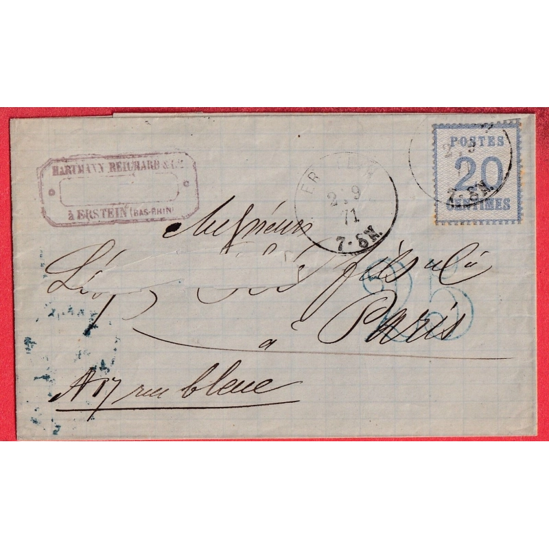 ALSACE LORRAINE N°6 ERSTEIN BAS RHIN TAXE TAMPON 25C EN BLEU PARIE TRANGER BLEU AU DOS