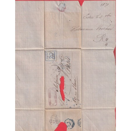 ALSACE LORRAINE N°6 ERSTEIN BAS RHIN TAXE TAMPON 25C EN BLEU PARIE TRANGER BLEU AU DOS