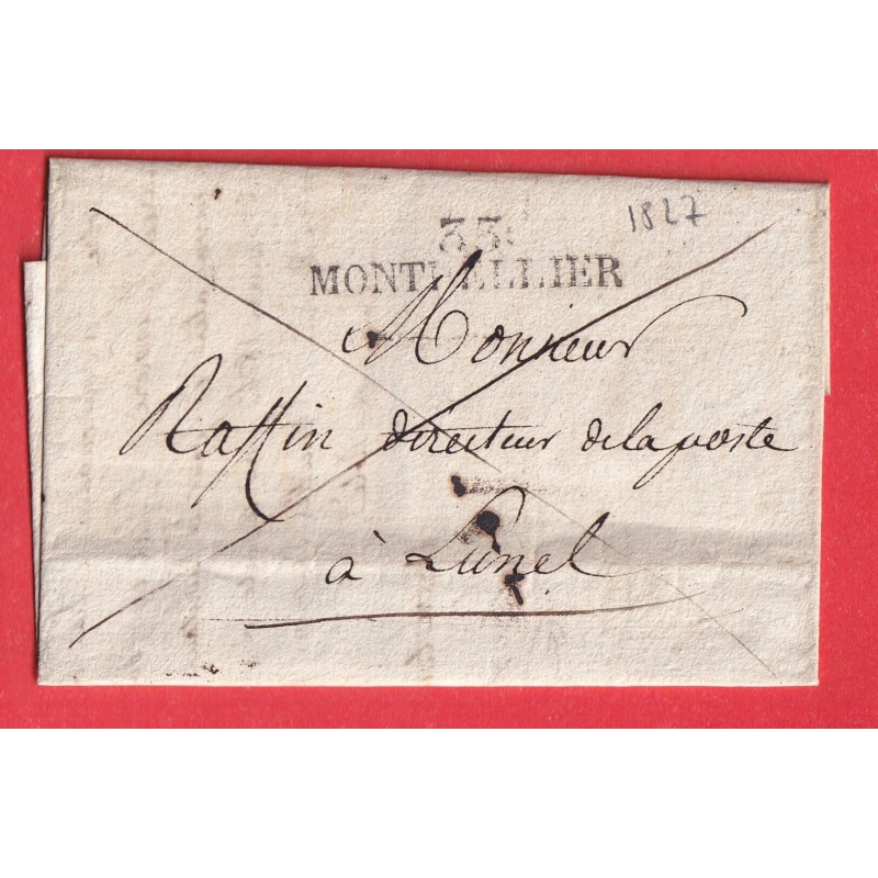 MARQUE 33 MONTPELLIER EN FRANCHISE DES POSTES HERAULT 1827 POUR LUNEL DIRECTEUR DES POSTES