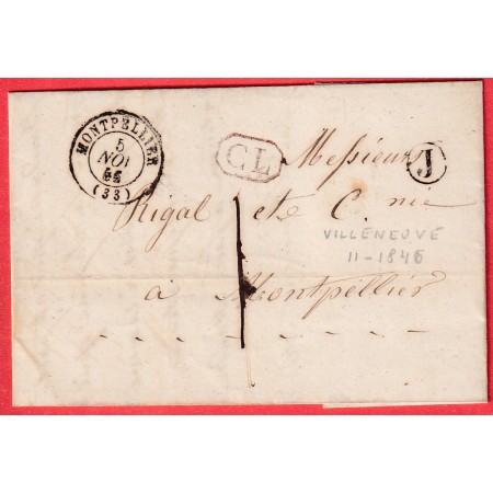 CAD TYPE 15 MONTPELLIER HERAULT 1844 CL ROUGE TAXE LOCALE 1 BOITE RURALE J SALIN DE VILLENEUVE