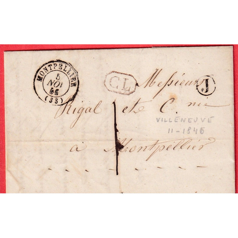 CAD TYPE 15 MONTPELLIER HERAULT 1844 CL ROUGE TAXE LOCALE 1 BOITE RURALE J SALIN DE VILLENEUVE