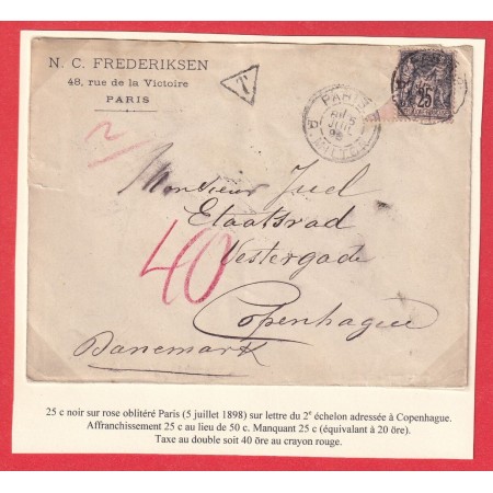 N°97 PARIS R MILTON TAXE AU CRAYON ROUGE 40 ÖRE COPENHAGUE DANEMARK 1898