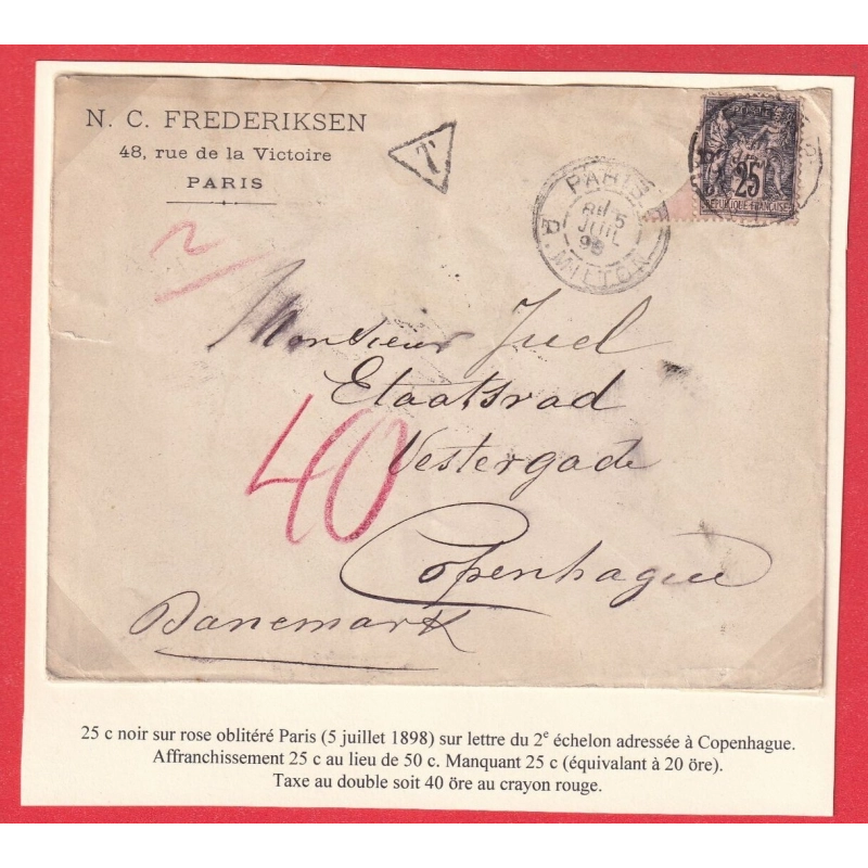 N°97 PARIS R MILTON TAXE AU CRAYON ROUGE 40 ÖRE COPENHAGUE DANEMARK 1898