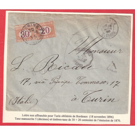LETTRE NON AFFRANCHIE BORDEAUX GIRONDE 1896 TAXE 50C CENTESIMI 1896 POUR TURIN TORINO ITALIE