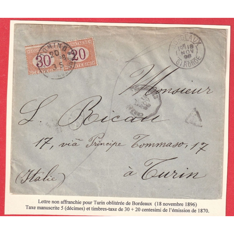 LETTRE NON AFFRANCHIE BORDEAUX GIRONDE 1896 TAXE 50C CENTESIMI 1896 POUR TURIN TORINO ITALIE