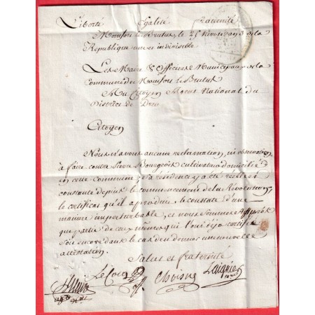 MARQUE REVOLUTIONNAIRE MONTFORT LB LE BRUTUS SEINE ET OISE TRES BEAU TEXTE POUR DRAUX INDICE 20