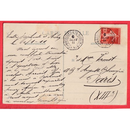 N°138 AMBULANT MARITIME MARSEILLE A LA REUNION LV N°4 CARTE POSTALE DJIBOUTI 1911 COTES DES SOMALIS