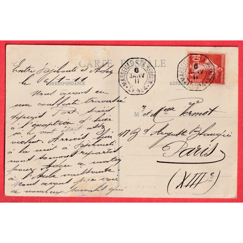 N°138 AMBULANT MARITIME MARSEILLE A LA REUNION LV N°4 CARTE POSTALE DJIBOUTI 1911 COTES DES SOMALIS