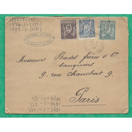 N°75 + 90 + 97 SAGE TRICOLORE CAD TYPE 18 ST JEAN PIED DE PORT BASSES PYRENEES TRIPLE PORT POUR PARIS 1898 COVER FRANCE