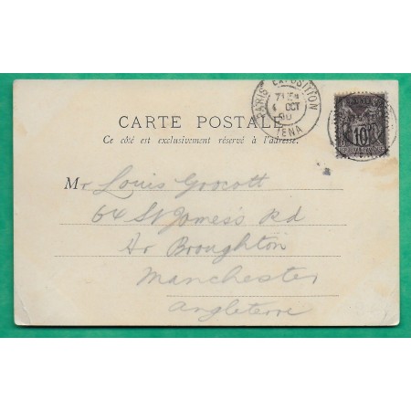 N°103 SAGE CAD PARIS EXPOSITION IENA CARTE POSTALE PARIS LA BOURSE POUR MANCHESTER ANGLETERRE ENGLAND 1900 COVER FRANCE