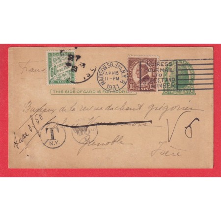 ENTIER ETATS UNIS MADISON SQUARE NEW YORK 1931 TAXE DUVAL 60C VERT GRENOBLE ISERE
