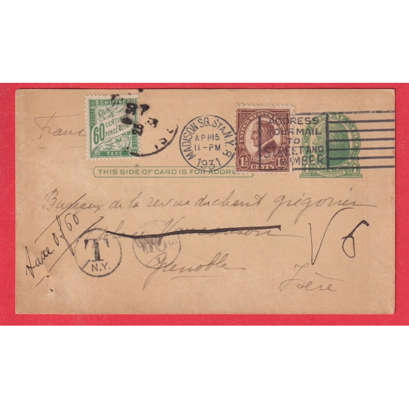 ENTIER ETATS UNIS MADISON SQUARE NEW YORK 1931 TAXE DUVAL 60C VERT GRENOBLE ISERE