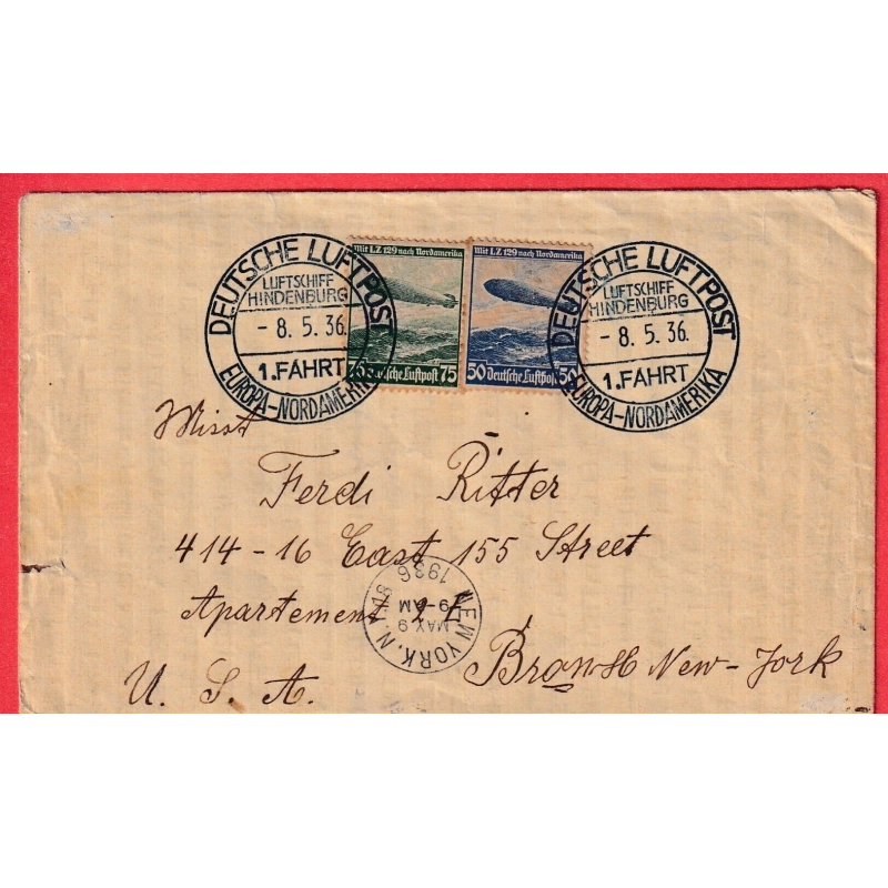 ZEPPELLIN HINDENBURG 1936 DEUTSH LUFTPOST POUR NEW YORK ETATS UNIS USA