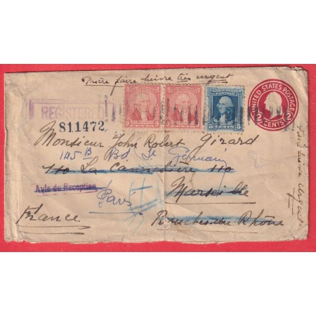 ENTIER ETATS UNIS USA RECOMMANDE 2C + TIMBRES CICERO ILLINOIS MARSEILLE REEXP PARIS
