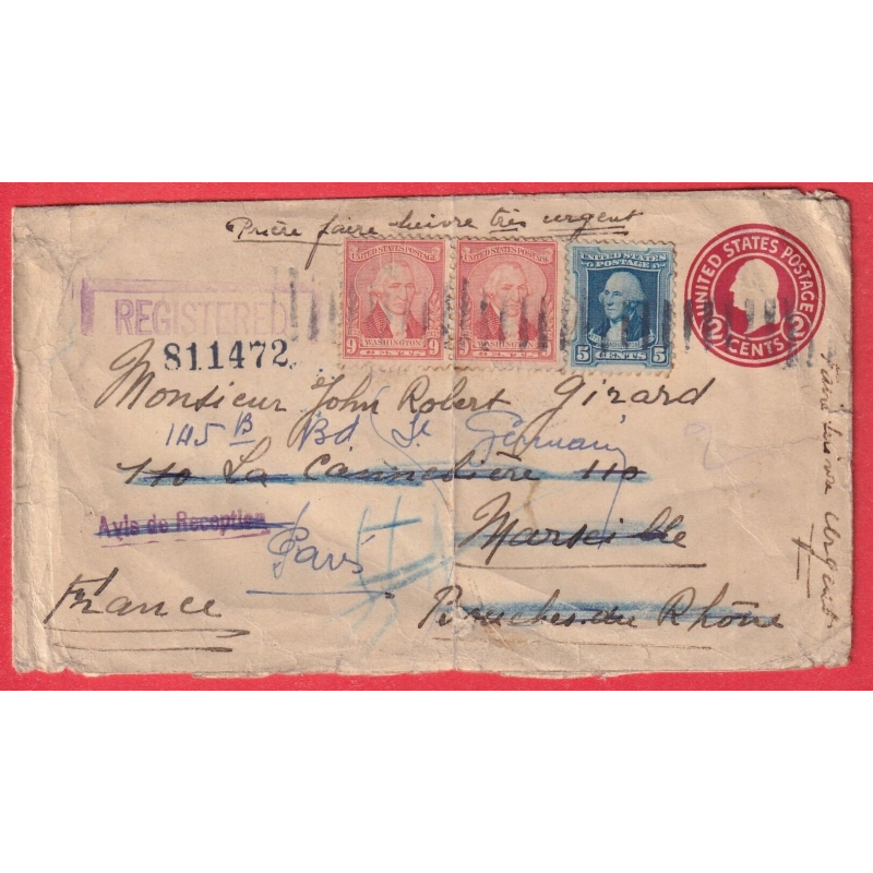 ENTIER ETATS UNIS USA RECOMMANDE 2C + TIMBRES CICERO ILLINOIS MARSEILLE REEXP PARIS