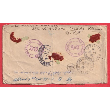 ENTIER ETATS UNIS USA RECOMMANDE 2C + TIMBRES CICERO ILLINOIS MARSEILLE REEXP PARIS