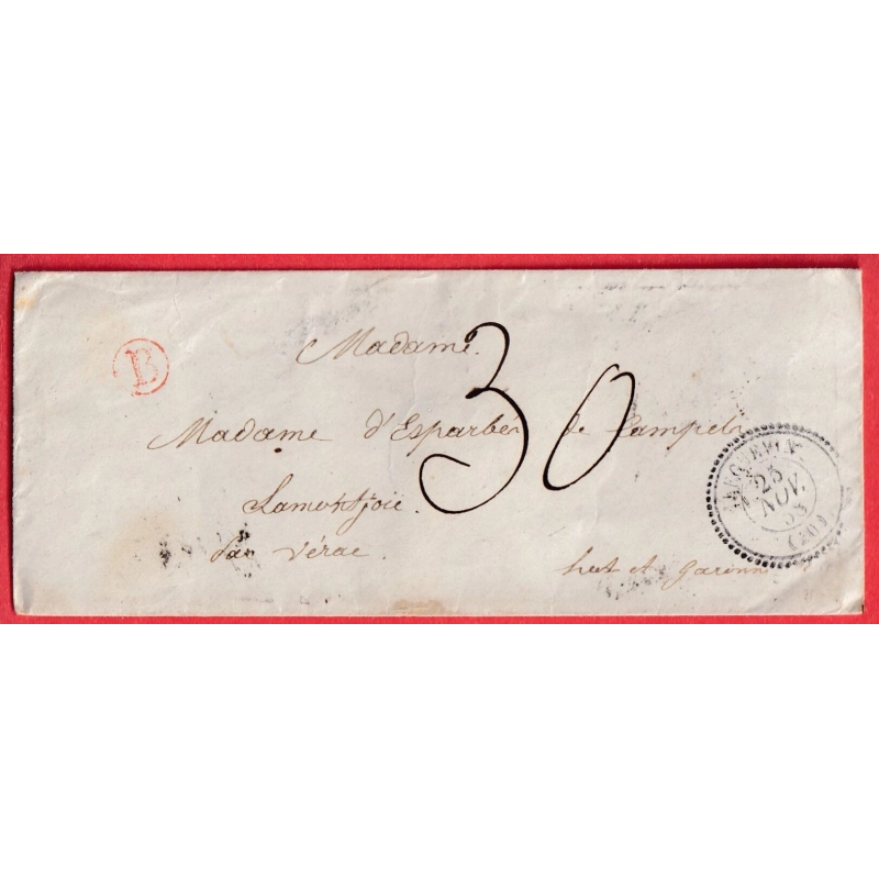 CAD TYPE 22 LEGUEVIN HAUTE GARONNE TAXE MANUSCRIT 30 BOITE RURALE ROUGE B POUR NERAC LOT ET GARONNE