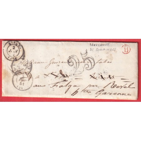 CAD TYPE 15 RIEUX HAUTE GARONNE BOITE RURALE EN ROUGE B LAVELANET DE COMMINGES 1851 CURSIVE 30 ST FELIX RARE AU DOS