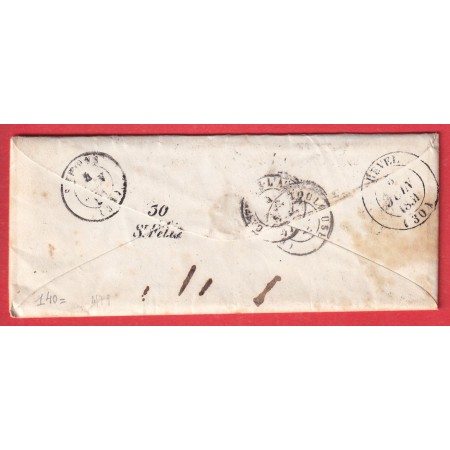 CAD TYPE 15 RIEUX HAUTE GARONNE BOITE RURALE EN ROUGE B LAVELANET DE COMMINGES 1851 CURSIVE 30 ST FELIX RARE AU DOS