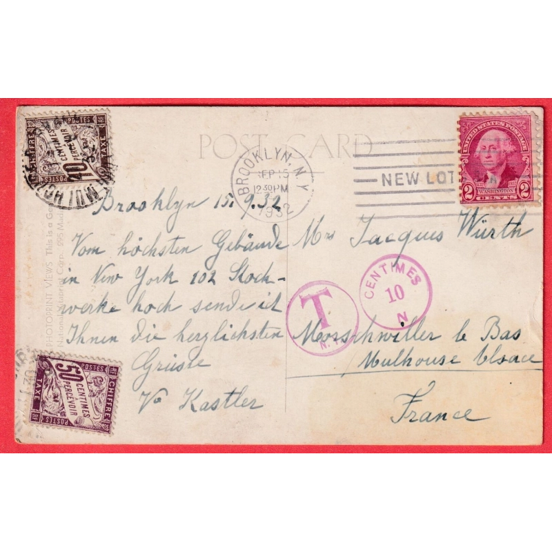 ETATS UNIS USA BROOKLYN 1932 TAXE 60C 50C+10C TYPE DUVAL MULHOUSE HAUT RHIN 1932