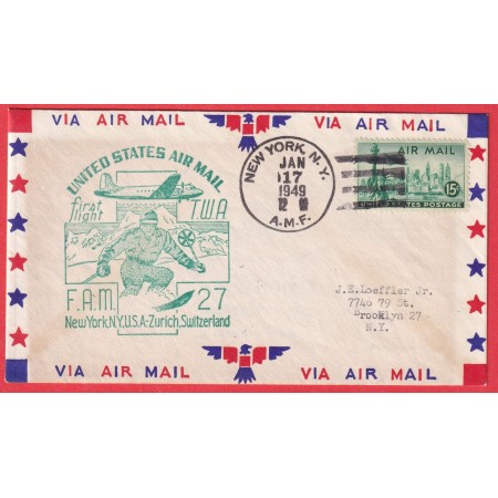 1ER VOLS FIRST FLIGHT ETATS UNIS USA NEW YORK  ZURICH SUISSE SWITZERLAND 1949