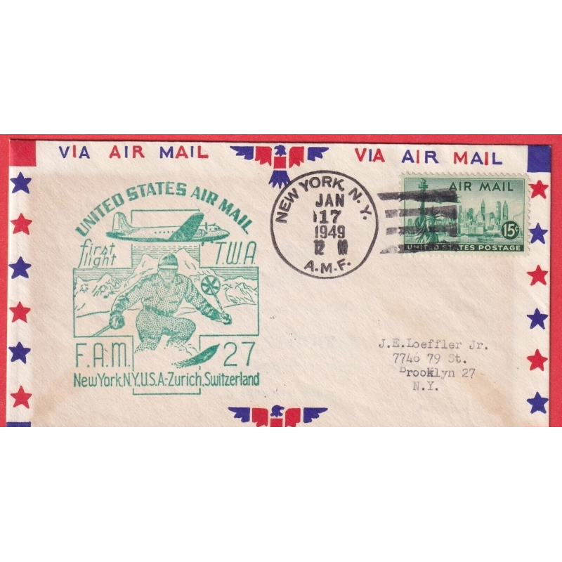 1ER VOLS FIRST FLIGHT ETATS UNIS USA NEW YORK  ZURICH SUISSE SWITZERLAND 1949