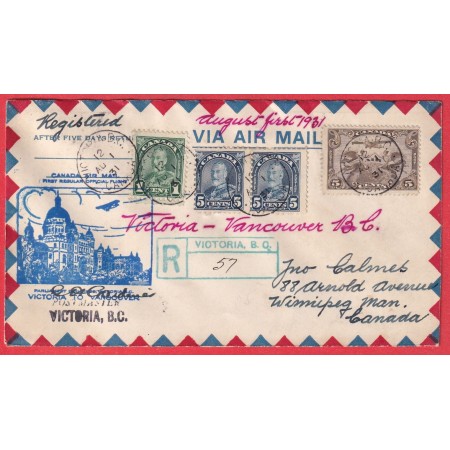 1ER VOLS FIRST FLIGHT CANADA VICTORIA VANCOVER 1931 RECOMMANDE