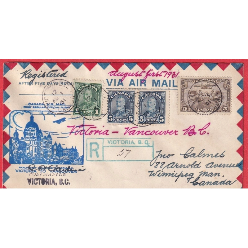 1ER VOLS FIRST FLIGHT CANADA VICTORIA VANCOVER 1931 RECOMMANDE
