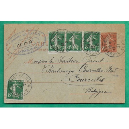 ENTIER SEMEUSE 10C ROUGE + N°137 x4 CAD AVESNES SUR HELPE NORD POUR COURCELLES BELGIQUE BELGIUM 1921 LETTRE COVER FRANCE