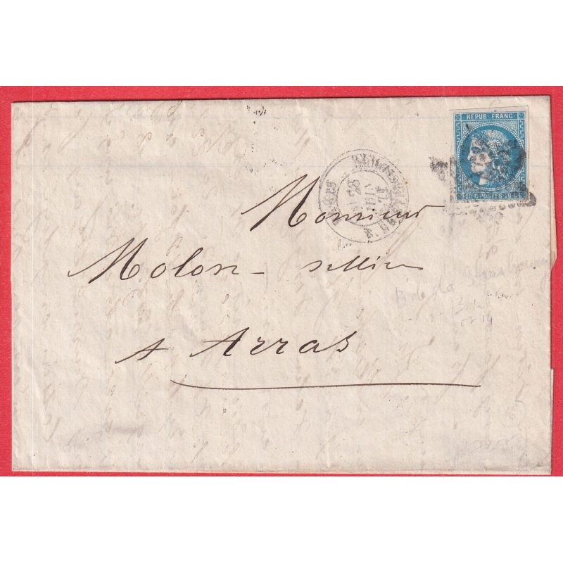 N°46B PARIS ETOILE 14 R DE STRASBOURG POUR ARRAS PAS DE CALAIS 28 JUIN 1871 LETTRE