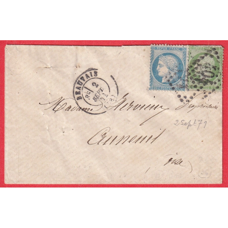 N°37 20 BEAUVAIS OISE 2 SEPTEMBRE 1871 POUR AUNEUIL