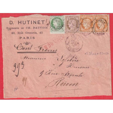 AFRANCHISSEMENT TRICOLORE 53 54 38 PAIRE CAD PARIS RUE TURBIGO DEVANT DE LETTRE CHARGEE POUR ROUEN