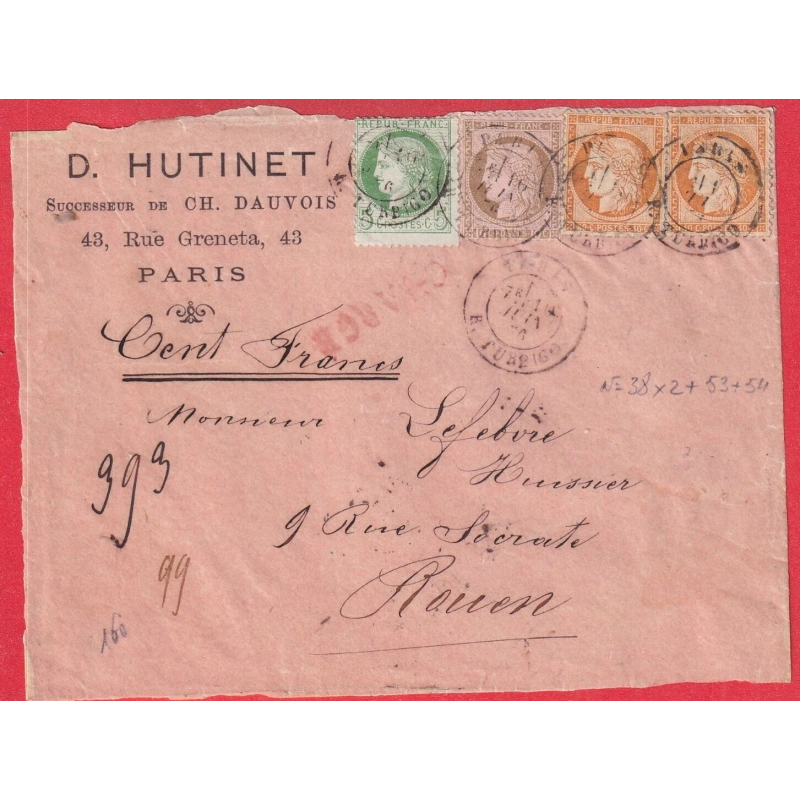 AFRANCHISSEMENT TRICOLORE 53 54 38 PAIRE CAD PARIS RUE TURBIGO DEVANT DE LETTRE CHARGEE POUR ROUEN