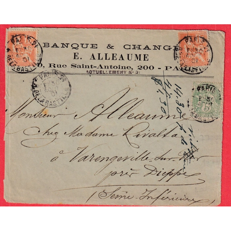 N°111 117X2 LEVEE EXCEPTIONNELLE PARIS 21 R DE LA BASTILLE E1 1901 DEVANT DE LETTRE FRONT COVER