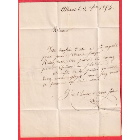 CAD TYPE 15 LE TOUVET ISERE 1854 TAXE LOCALE 1 CL EN ROUGE TEXTE ALLEVARD POUR LA BUISSIERE