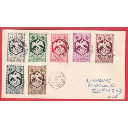 BRAZAVILLE CONGO FRANCAIS 1948 TIMBRES FRANCE LIBRE POUR NEW YORK USA ETATS UNIS