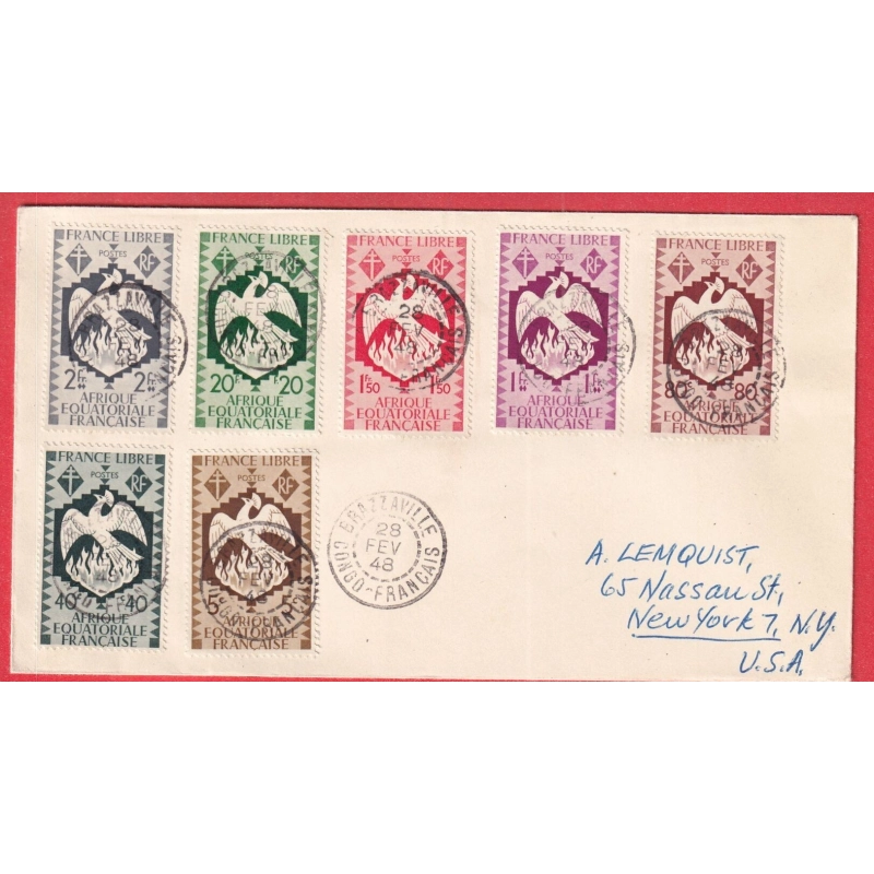 BRAZAVILLE CONGO FRANCAIS 1948 TIMBRES FRANCE LIBRE POUR NEW YORK USA ETATS UNIS