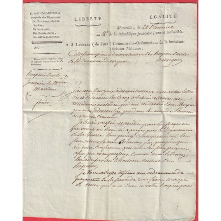 MARSEILLE FRANCHISE  ORD DE LE 8EME Dion MILITAIRE 1800 POUR AVIGNON VAUCLUSE