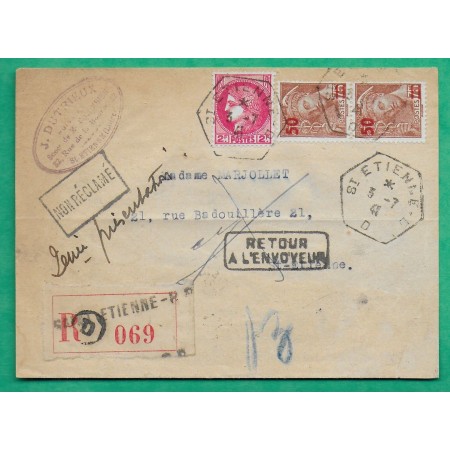 N°373 + 477 x2 CERES MERCURE SURCHARGE CAD RECETTES AUXILIAIRES ST ETIENNE LOIRE RECOMMANDE NON RECLAME RETOUR ENVOYEUR