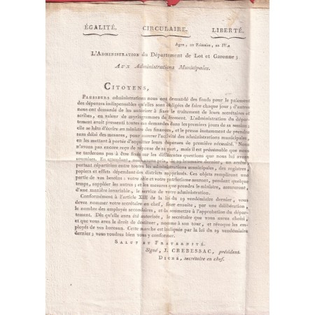 FRANCHISE DEPARTEMENT LOT ET GARONNE AGEN 1795 POUR AUVILLARS