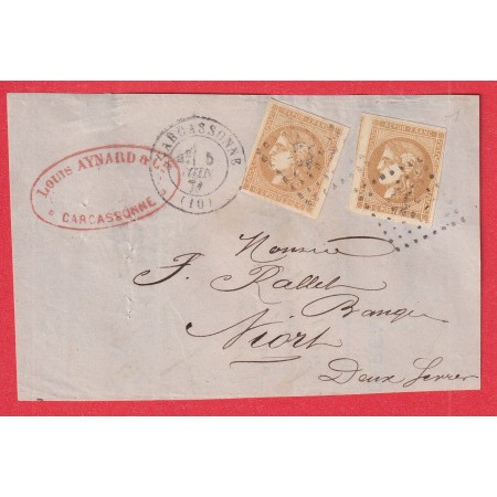 N°43B X2 TB GC 732 CARCASSONNE AUDE 1871 NIORT DEUX SEVRES DEVANT DE LETTRE FRONT COVER