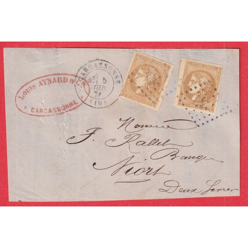 N°43B X2 TB GC 732 CARCASSONNE AUDE 1871 NIORT DEUX SEVRES DEVANT DE LETTRE FRONT COVER