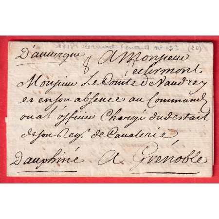 MARQUE MANUSCRIT DE CLERMONT FERRAND PUY DE DOME 1718 INDICE 20 LN°15A POUR GRENOBLE ISERE MILITAIRE AFFAIRE DU ROI