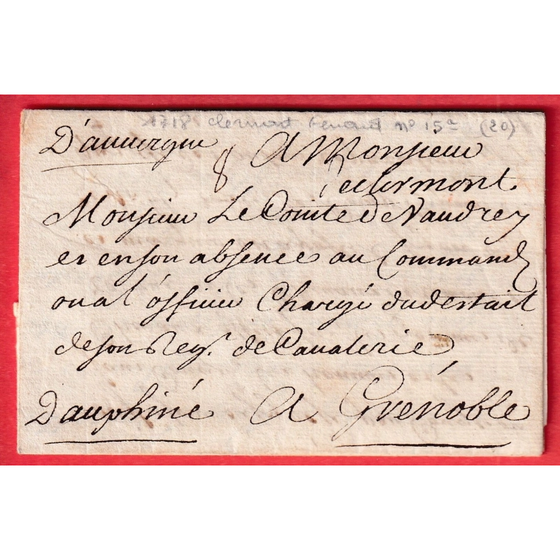 MARQUE MANUSCRIT DE CLERMONT FERRAND PUY DE DOME 1718 INDICE 20 LN°15A POUR GRENOBLE ISERE MILITAIRE AFFAIRE DU ROI