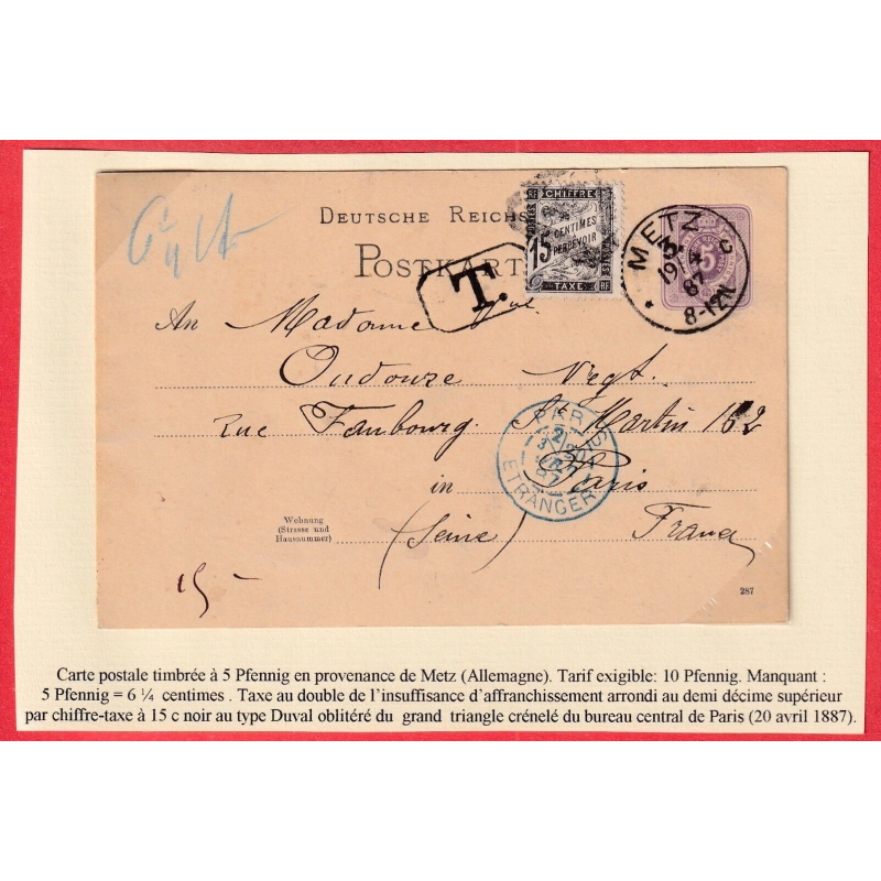 ENTIER ALLEMAGNE ALSACE LORRAINE METZ MOSELLE 1887 TAXE DUVAL15C NOIR PARIS ETRANGER