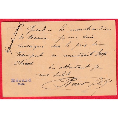 ENTIER ALLEMAGNE ALSACE LORRAINE METZ MOSELLE 1887 TAXE DUVAL15C NOIR PARIS ETRANGER