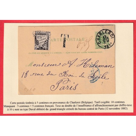 BELGIQUE ENTIER 5C VERT 1882 CHARLEROI TAXE 10C NOIR TYPE DUVAL POUR PARIS