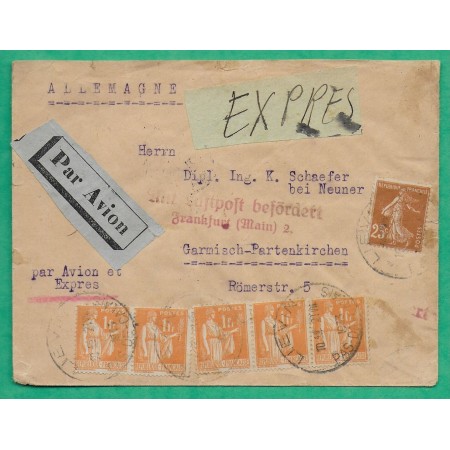 N°235 + 286x5 MIXTE SEMEUSE PAIX LETTRE PAR AVION EXPRES DE FORTUNE LIEVIN POUR GARMISH PARTENKIRCHEN ALLEMAGNE 1933