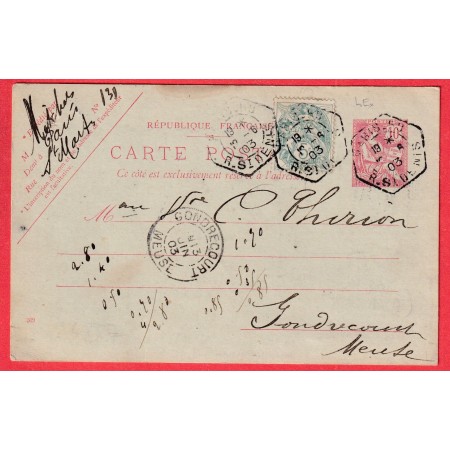 ENTIER 10C MOUCHON + N°111 BLANC PARIS LEVEE EXCEPTIONNELLE R ST DENIS 1903 GONDRECOURT MEUSE